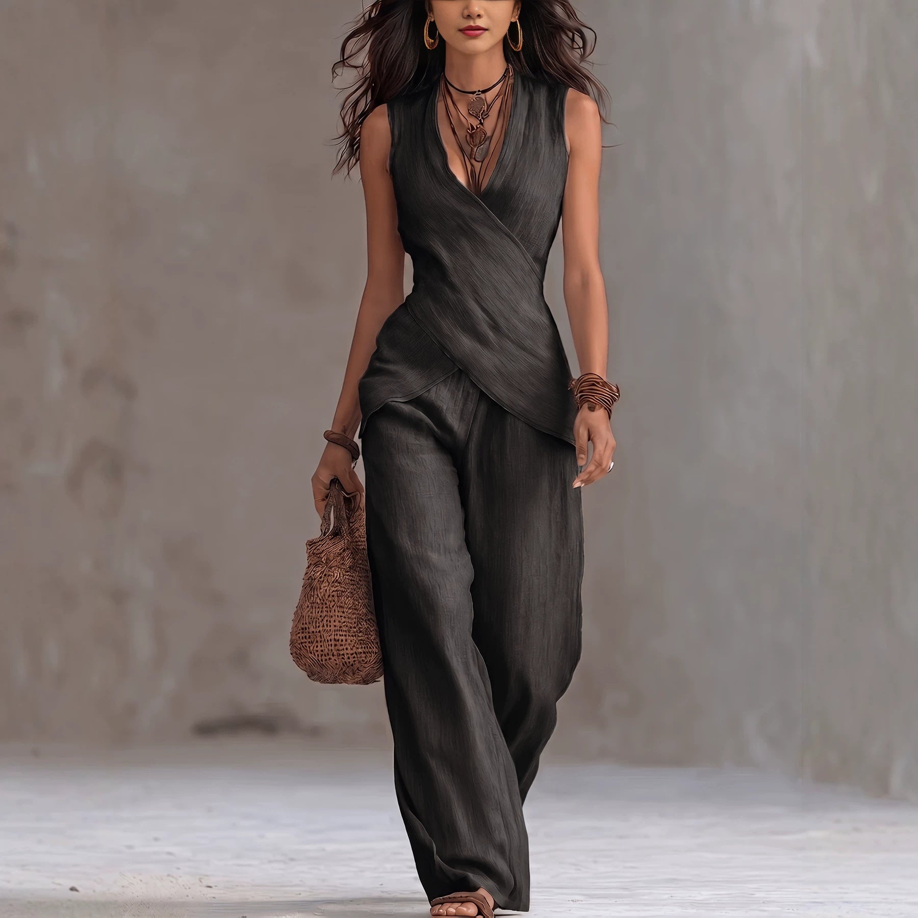 Sleeveless V-neck waist cinched top paired with wide leg pants set 