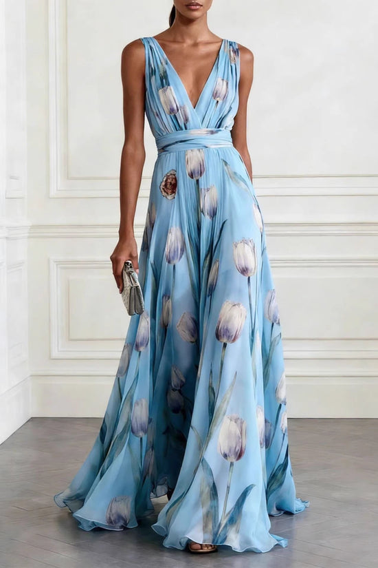 Elegant Tulip Print Evening Dress for Women Sleeveless V-Neck Chiffon Long Dress 