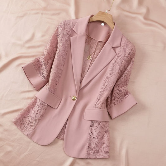 Solid color lace patchwork small suit jacket for women's top 