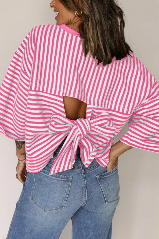 Round neck striped back tie bow pullover top 