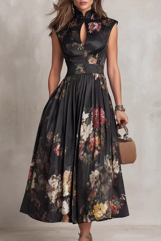 Sleeveless black digital printed long skirt 