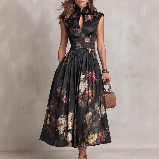 Sleeveless black digital printed long skirt 