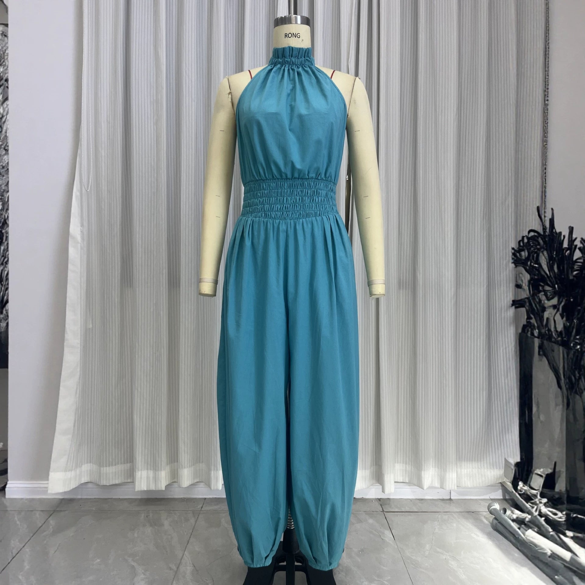 Casual style sleeveless hanging neck lantern pants jumpsuit for women 