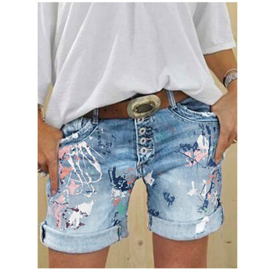 High-Waisted Elastic Printed Women's Denim Shorts with Button Closure, Large Size, Fashionable Design 