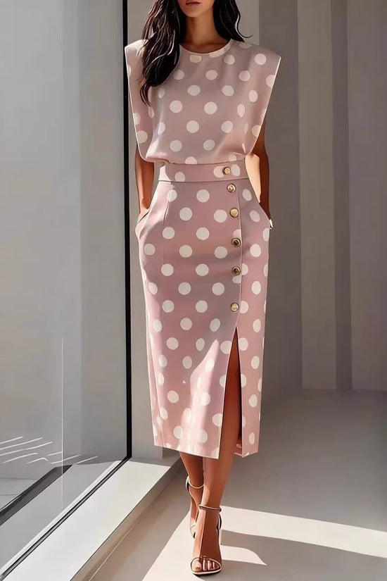 Fashion ampPrinted Sleeveless Top with Slit Long Dress Set 