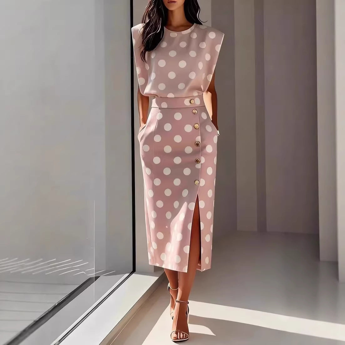 Fashion ampPrinted Sleeveless Top with Slit Long Dress Set 