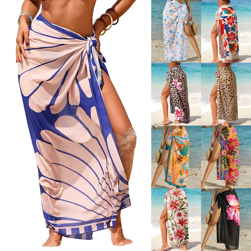 Women's Swimwear Transparent Sheer Cover-Up High-Slit One-Size Swim Dress Summer Floral Print Chiffon 