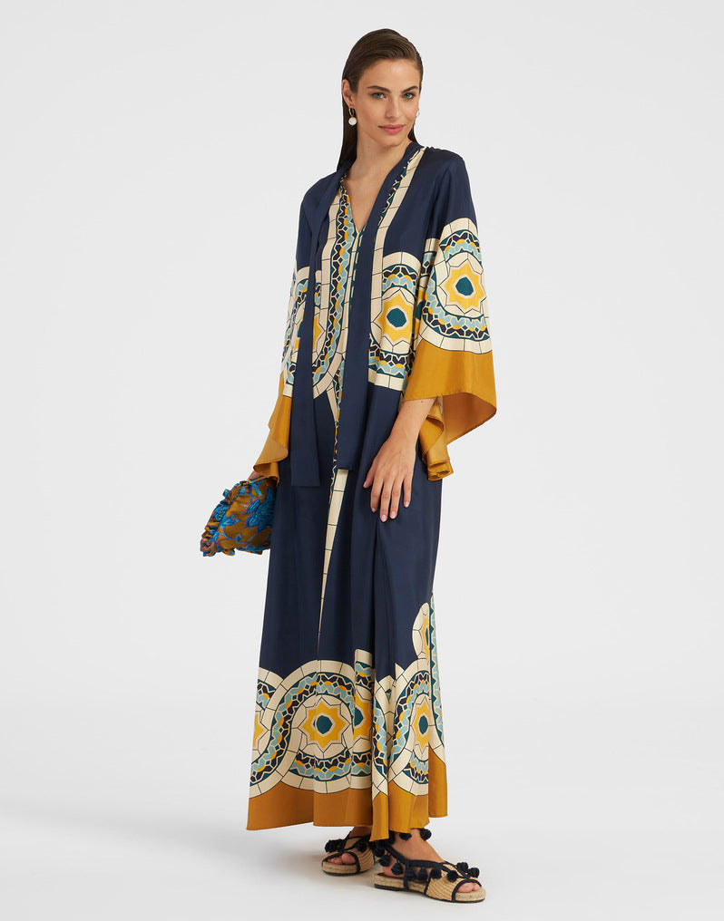 New European and American Summer Printed Seven Sleeve Stand up Collar Dress 