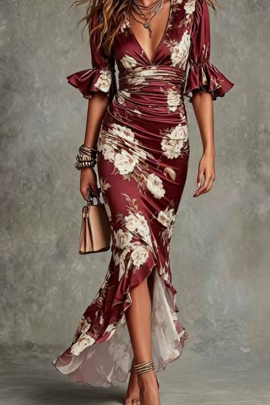 Elegant Long Dress with V-Neck, Fitted Silhouette, Floral Print and Ruffle Hem 