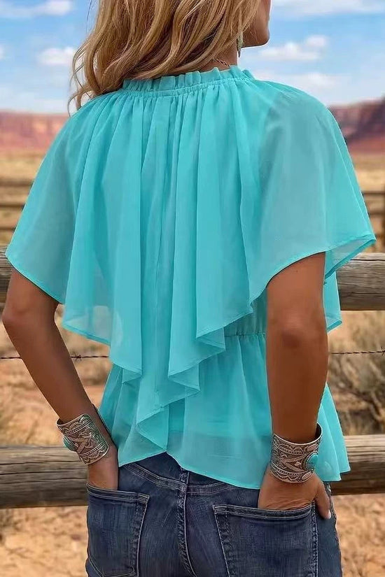 Style Cross V-Neck Pleated Ruffle Flare Sleeve Chiffon Top with Waist-Cinching Irregular Hem Slim Fit Blouse 