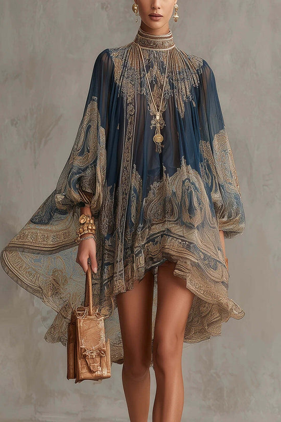 Printed Long Sleeve High Neck Loose Dress 