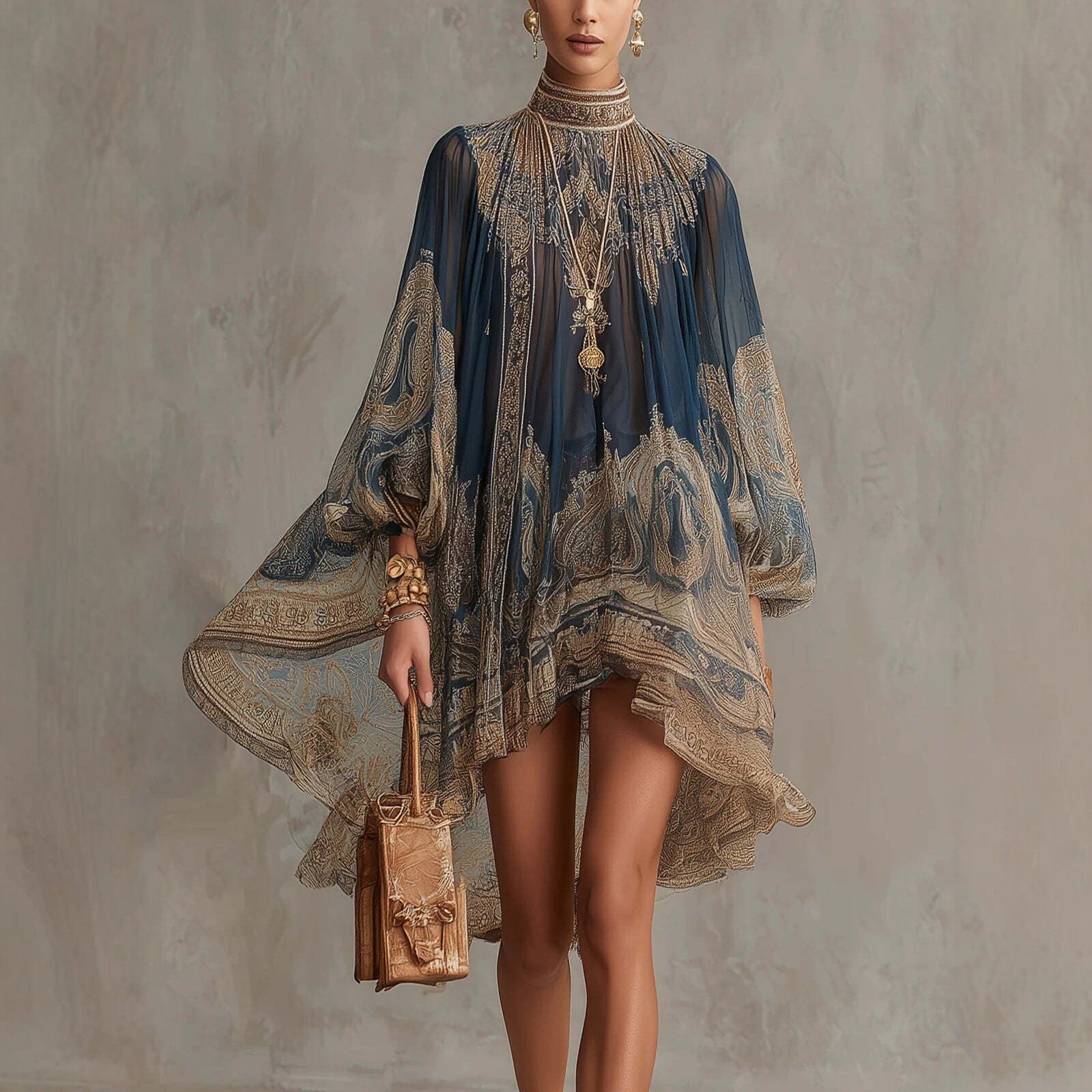 Printed Long Sleeve High Neck Loose Dress 