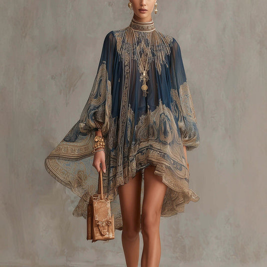 Printed Long Sleeve High Neck Loose Dress 