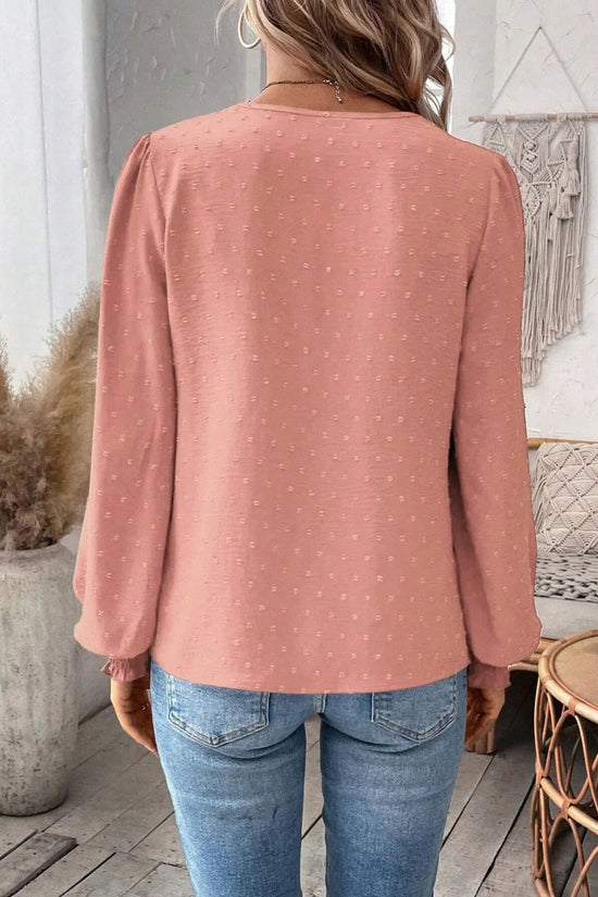 Swiss Dot Lace Detail Notched Long Sleeve Blouse 