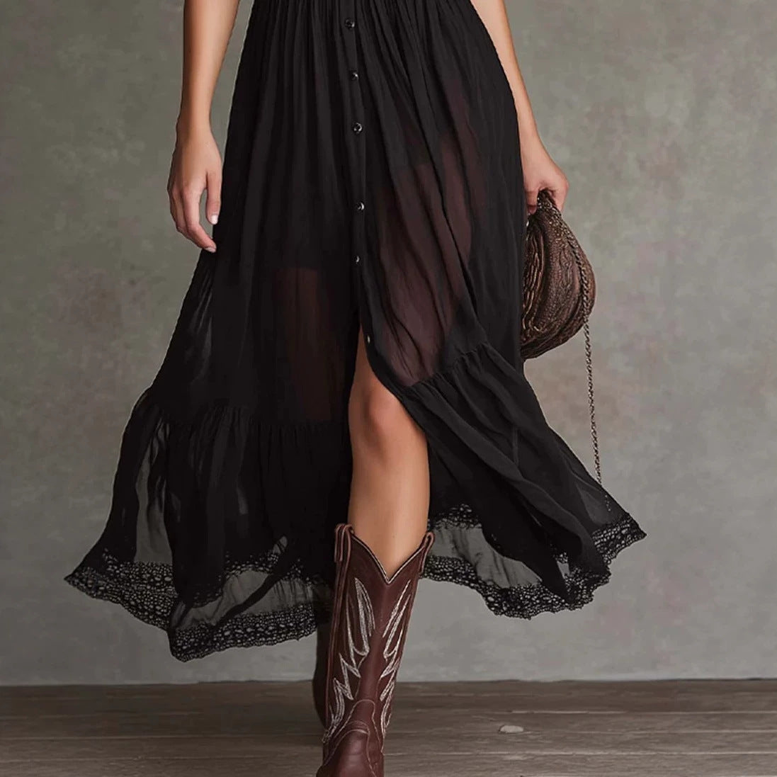 Cropped V-Neck Shirt Dress with Ruffled Hem and Side Slit, Dark Chic Style, Body-Con Fit, Long Skirt 
