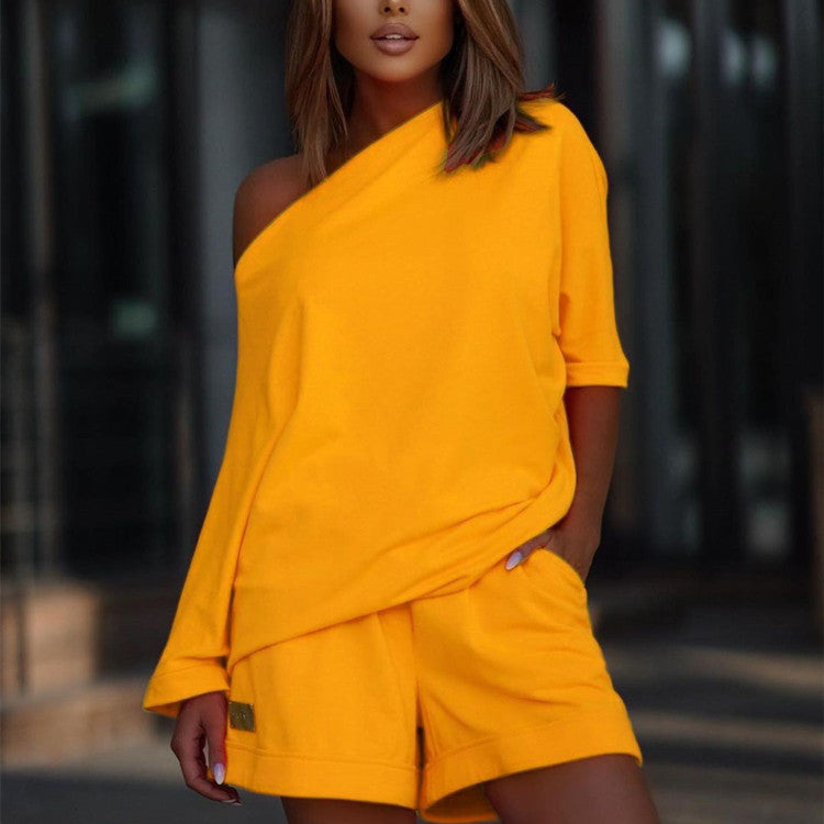 Fashionable Women's Hoodie Pants Set, One-Shoulder Wide Sleeve Loose Two-Piece Outfit 