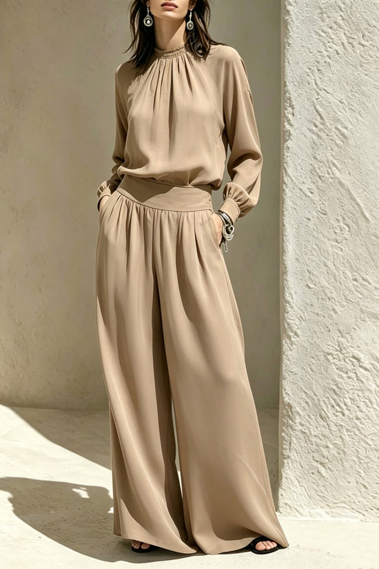 Casual Solid Color Long Sleeve Stand-up Collar Loose Fit Women's Fashion Set BlouseWide-leg Pants 