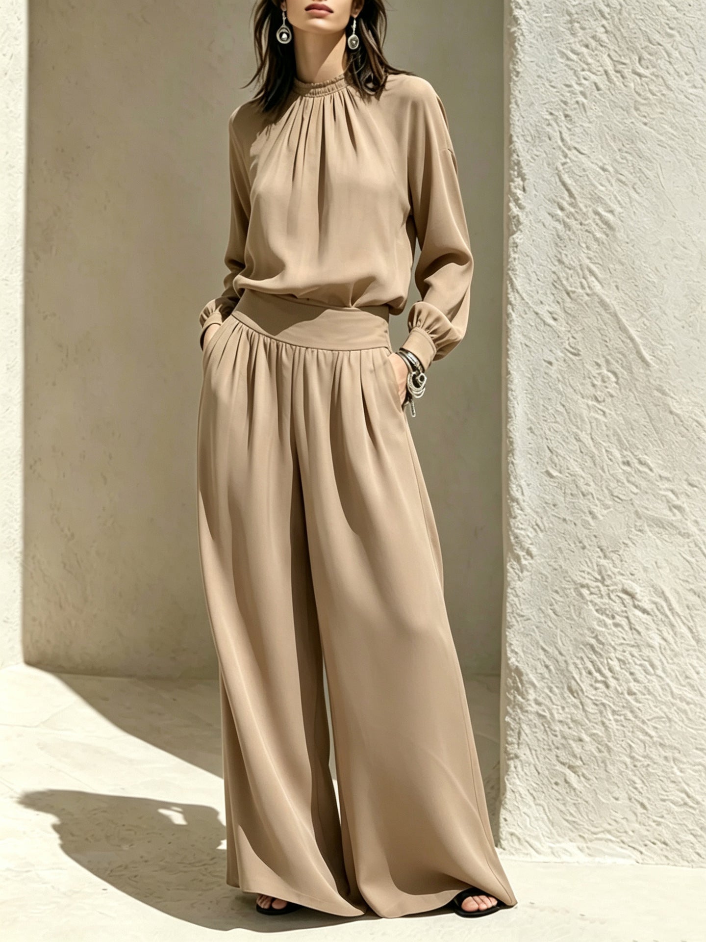 Casual Solid Color Long Sleeve Stand-up Collar Loose Fit Women's Fashion Set BlouseWide-leg Pants 