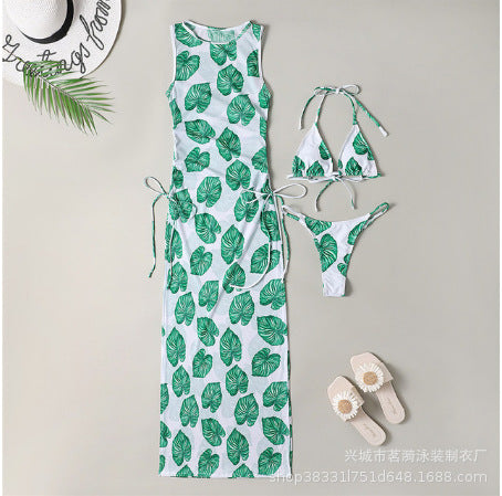 Bikini Swimwear Set, Solid Color Long Dress, Sexy Three-Piece Separated Swimsuit for Women 