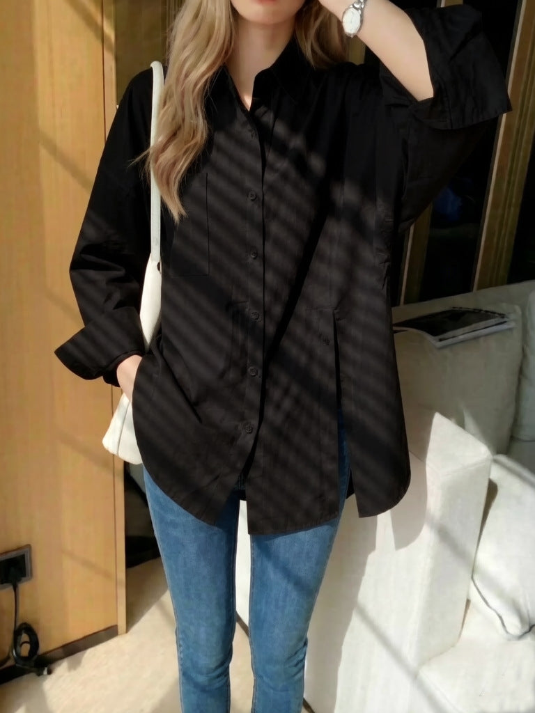 New women's solid color long sleeved shirt with button side slit 