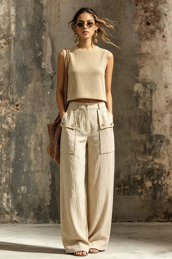 Khaki linen casual two-piece short knitted vest pocket wide leg pants set 