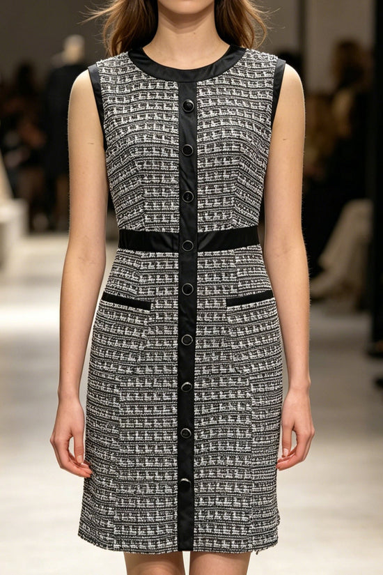 Vintage leather trimmed tweed vest A-line skirt dress 