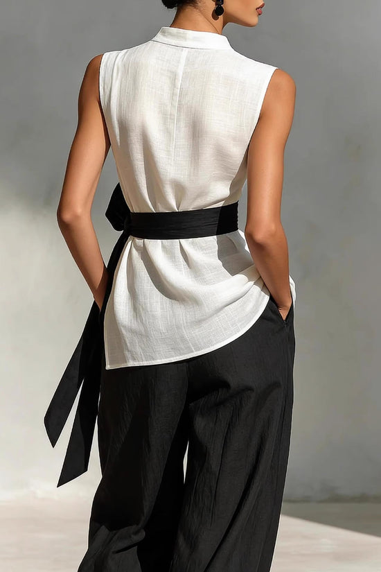 Two piece set of lace up sleeveless top and wide leg pants 