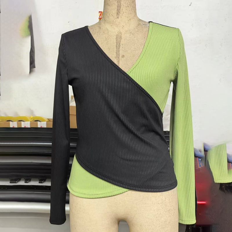 Women's Elegant V-Neck Cross Front Sweater, Color Block Knit Top For Spring And Fall Layering CJ US