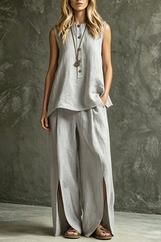 Womens Loose Sleeveless Tank Top And Slit Wide-Leg Pants Set 