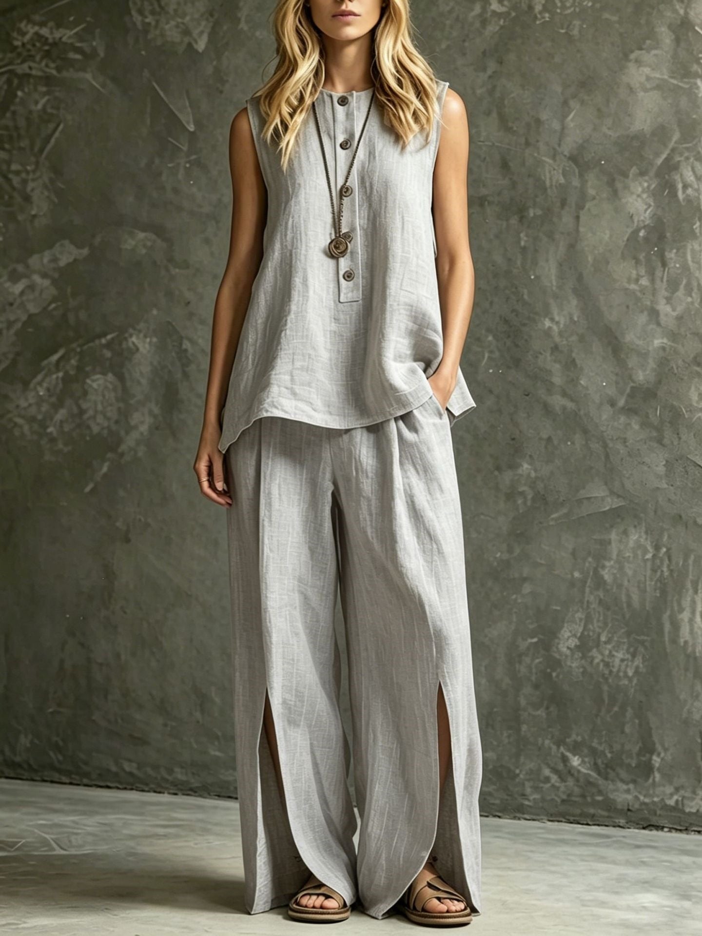 Womens Loose Sleeveless Tank Top And Slit Wide-Leg Pants Set 