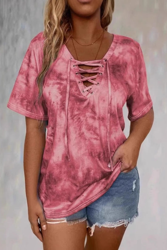 Tie-dye Printed Drawstring Casual Fashion Short-Sleeve T-Shirt 