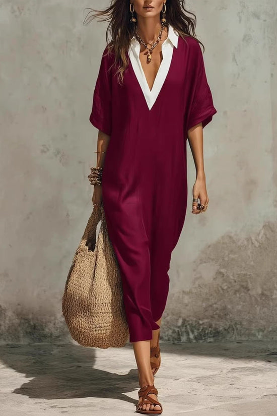 Cross-Border Casual Lazy-Style V-Neck Loose Cropped-Sleeve Dress Linen Texture Relaxed Vacation-Ready 