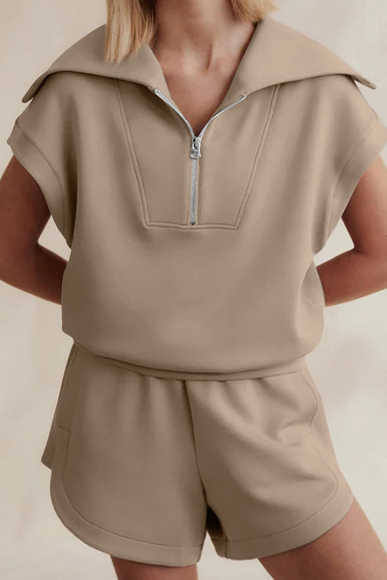 Women's Casual Solid Color Half Zipper And Lapel Top Sweatshirt Shorts Sportswear Suit 
