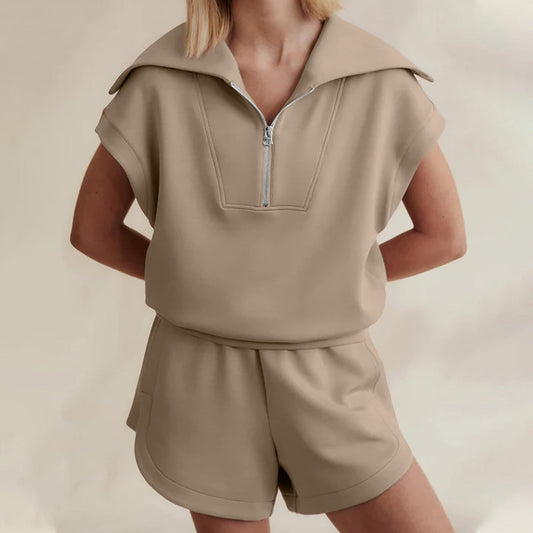 Women's Casual Solid Color Half Zipper And Lapel Top Sweatshirt Shorts Sportswear Suit 