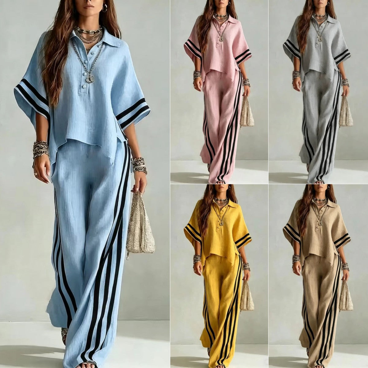 Womens Clothing Short-Sleeve Shirt And Loose Pants Two-Piece Set 
