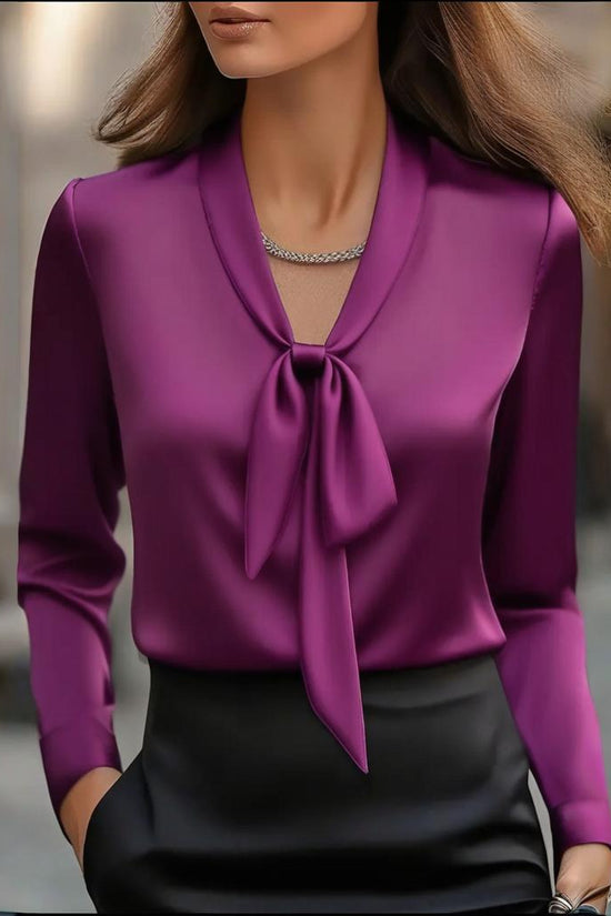 Elegant Satin Ribbon Blouse — Long Sleeve Button-Down Work Shirt CJ US
