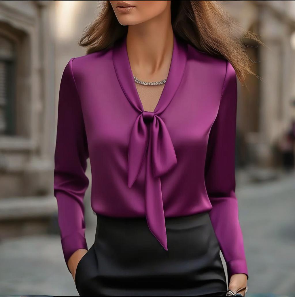 Elegant Satin Ribbon Blouse — Long Sleeve Button-Down Work Shirt CJ US