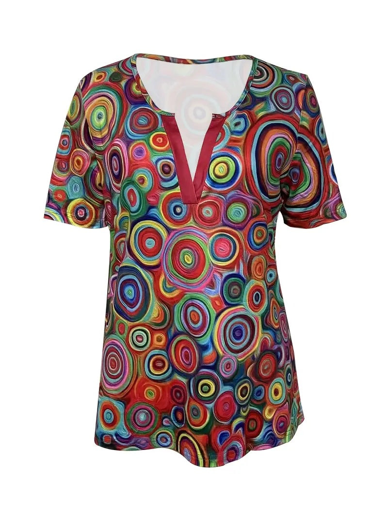 V-neck Red Candy Print Short Sleeve T-shirt Loose Casual Top For Summer CJ