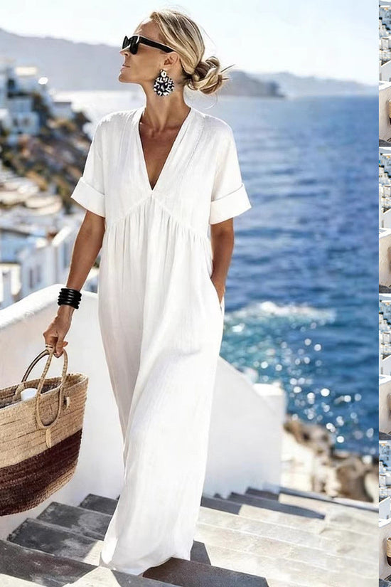 Womens Casual Resort-Style V-Neck Short-Sleeve Solid Color Long Dress 