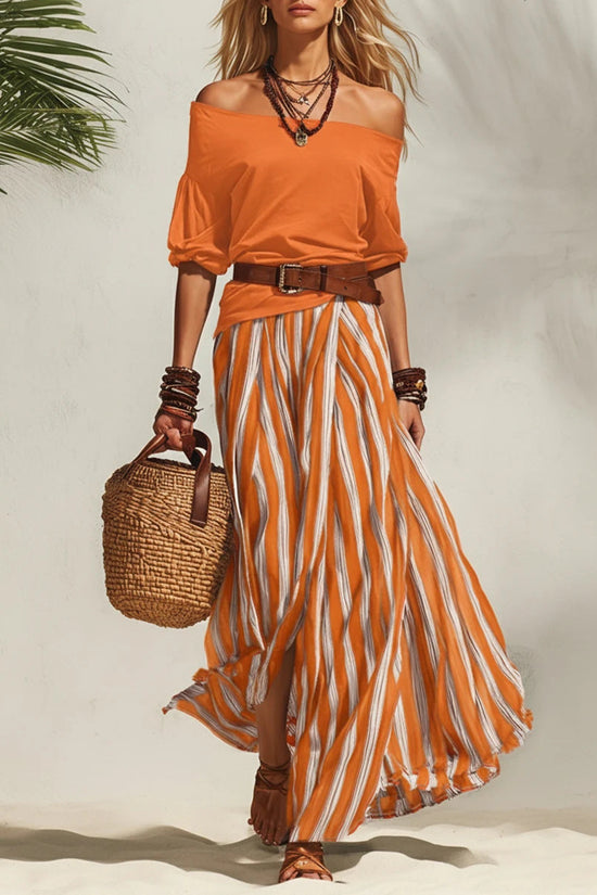 Off-shoulder Top And Slit Skirt Womens Set 