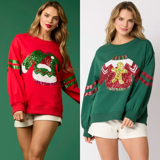 Women's Christmas Sequined Round Neck Top Casual Sweatshirt CJ