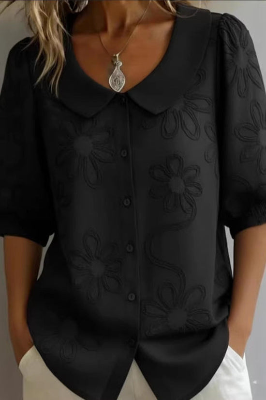 Loose-fit Retro Buttoned 3D Embroidered Floral Shirt 
