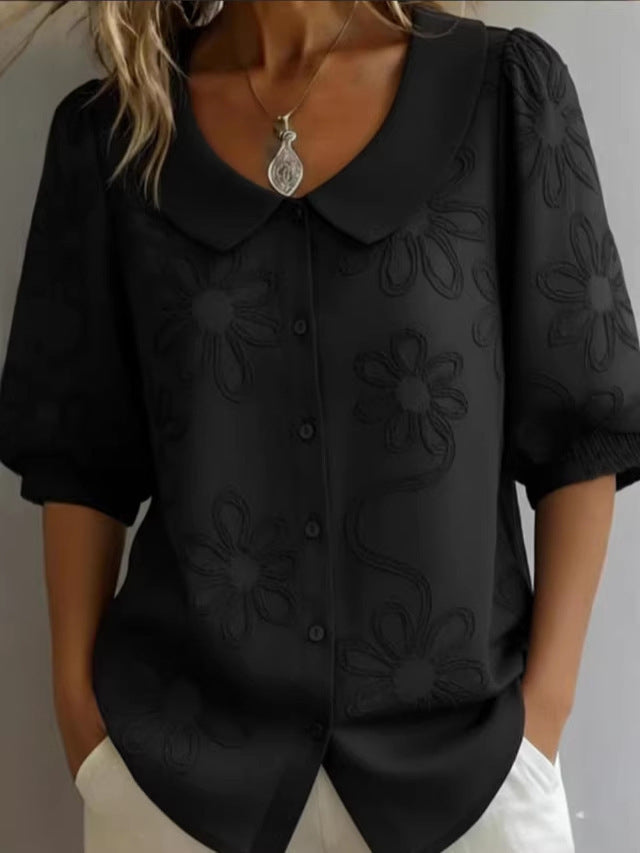 Loose-fit Retro Buttoned 3D Embroidered Floral Shirt 
