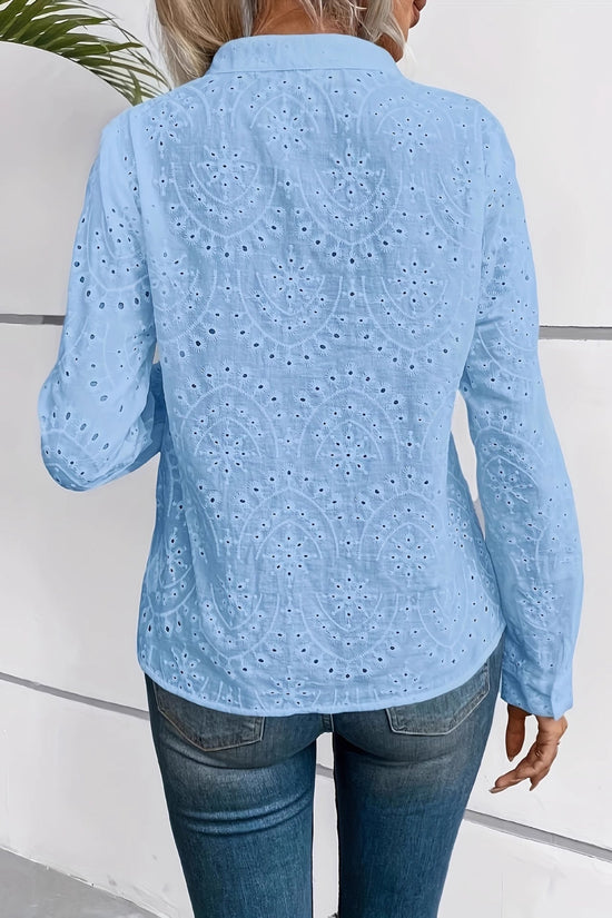 Embroidered Hollow-out Button-up Long-sleeve Shirt 