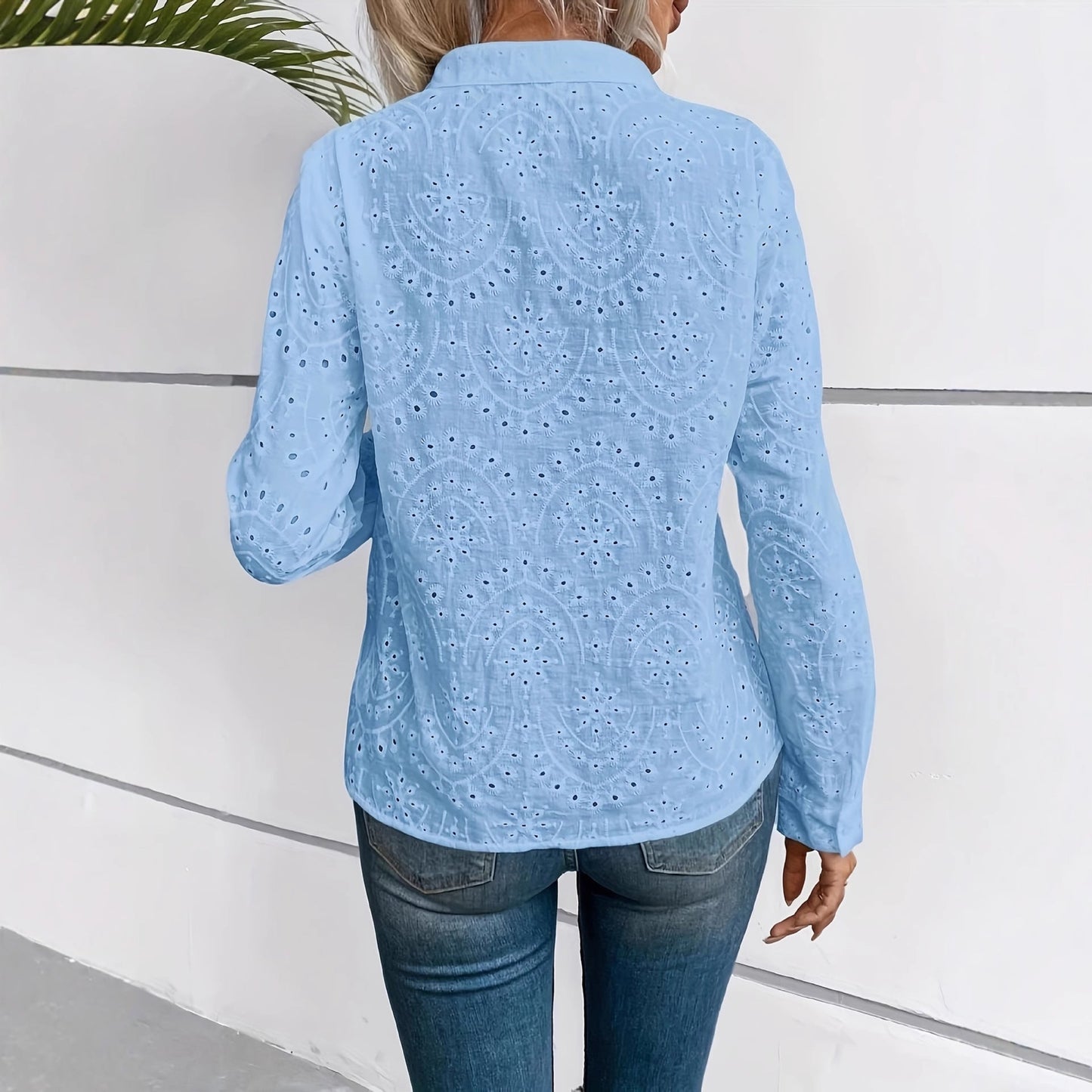 Embroidered Hollow-out Button-up Long-sleeve Shirt 