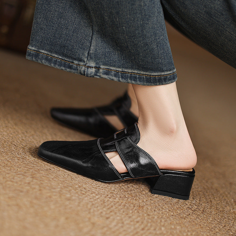Retro Closed Toe Half Slippers Women's Summer Low Heel Thick Heel Rear Empty Sandals CJ