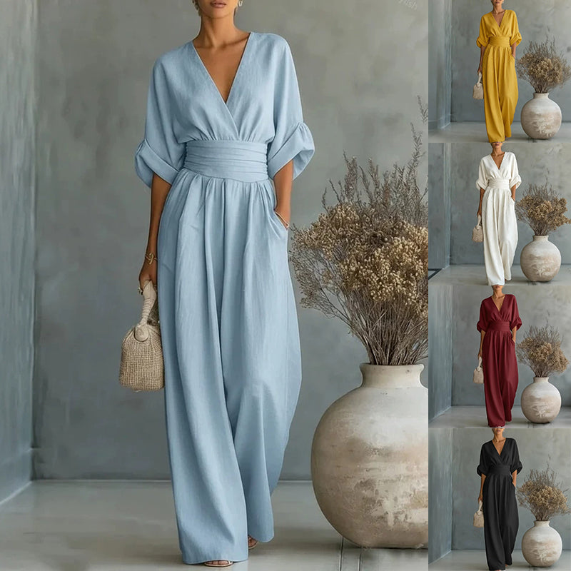 Summer Short-sleeved Jumpsuit Fashion Casual V-Neck Wide-Leg Pants Womens Clothing 