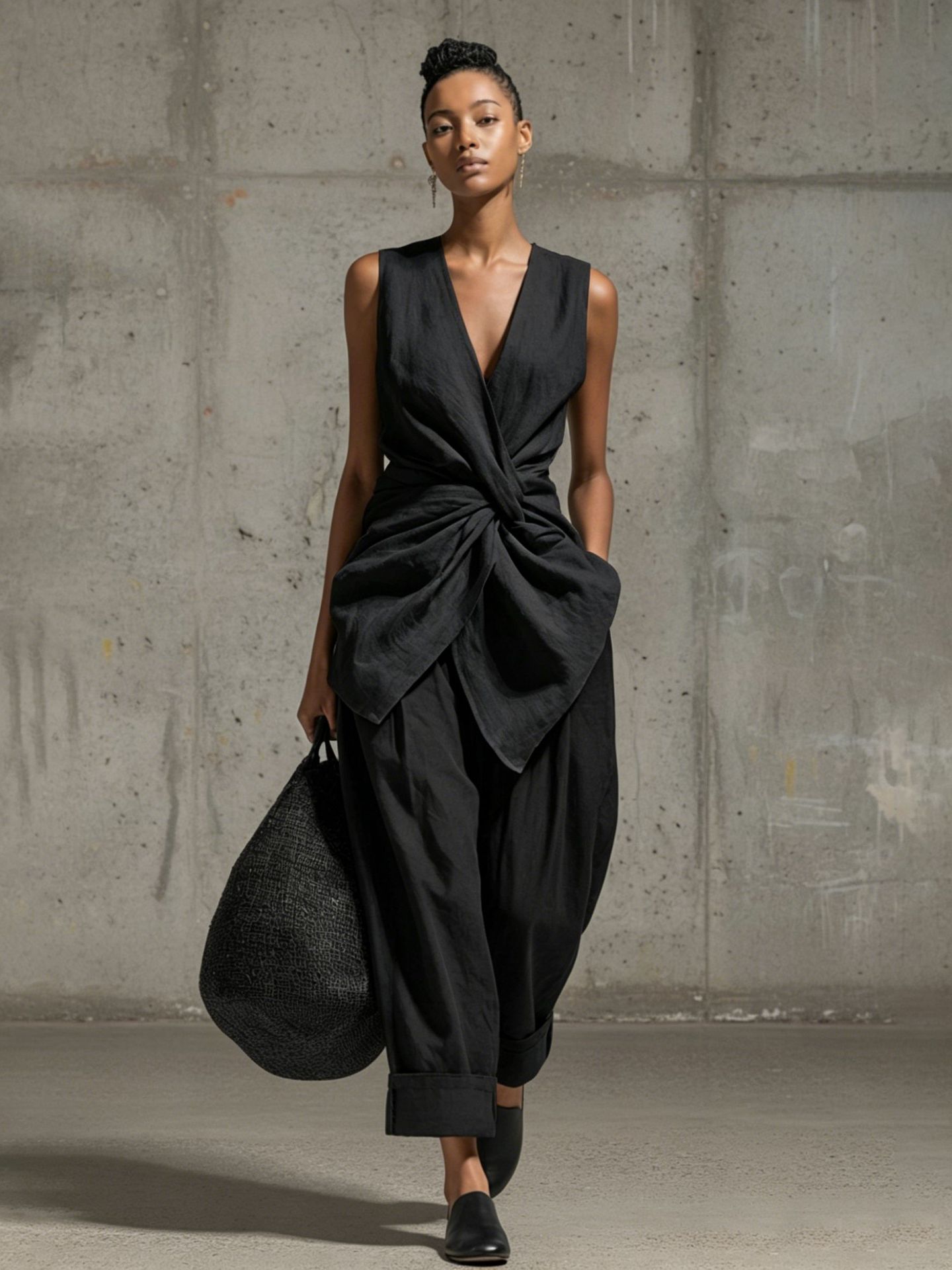 Waist-cinching Tie-front V-neck Sleeveless Top Wide-leg Pantsuit 