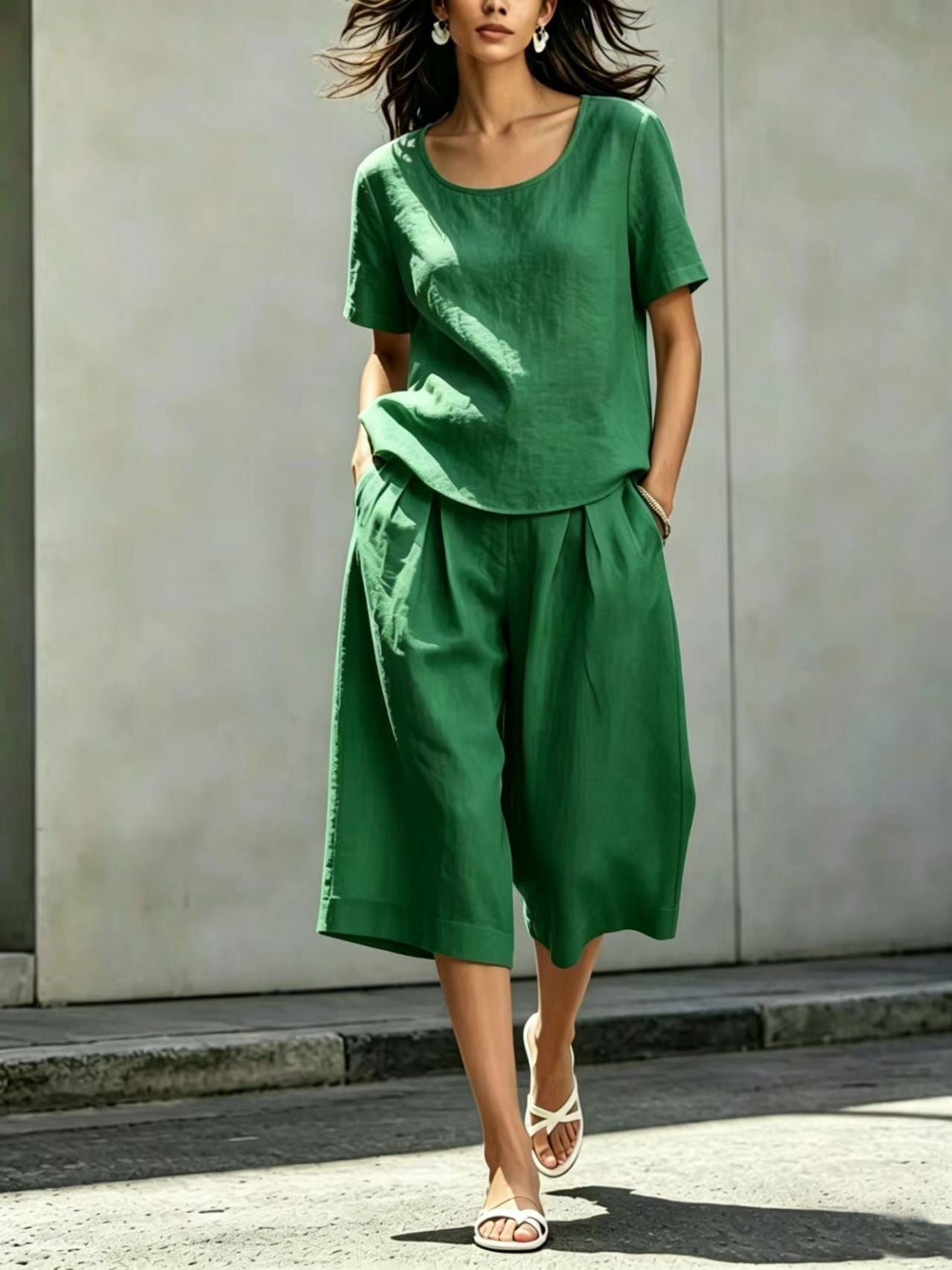 Cotton-linen Casual Loose-fitting Short-sleeve Top And Shorts Set 