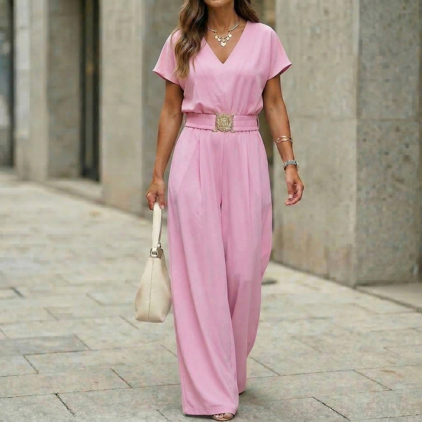 Womens V-neck Solid-color Short-sleeve Long-pants Belted Jumpsuit 